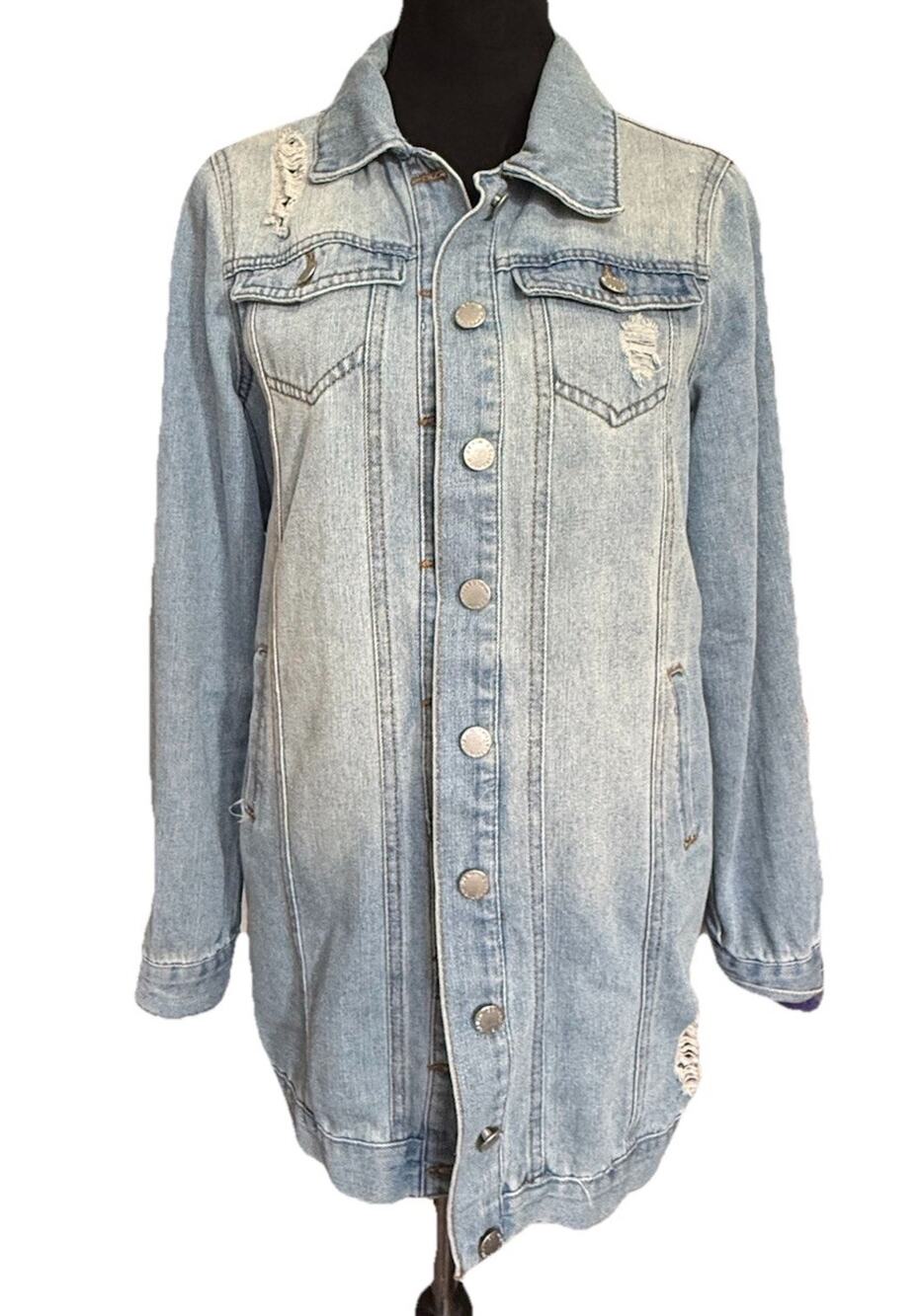 Ci Sono Long Denim Jacket S Light Wash Distressed Y2K Trucker Duster Coat Casual